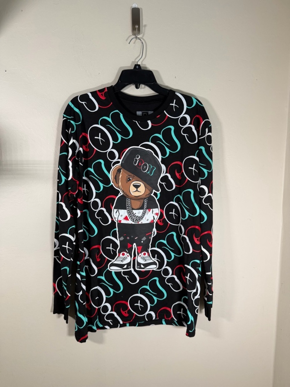Hustler Hollywood Black Graphic Long Sleeve Tee with Multicolor Bear Print